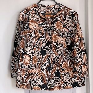 RUBY RD. Floral and Leaves Pattern Jean Jacket in Black, Cream and Brown